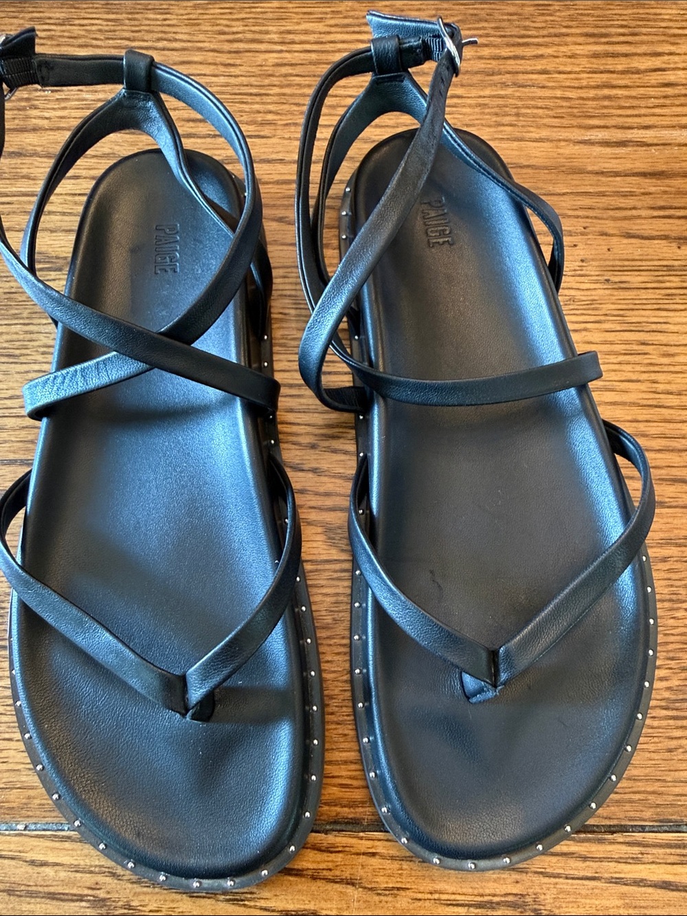 PAIGE Zana Black Leather Strappy Thong Sandals Studded Flat Size 8